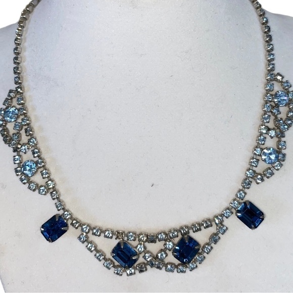Vintage Royal Blue & Light blue Rhinestone Necklace Silver Tone - Picture 1 of 7